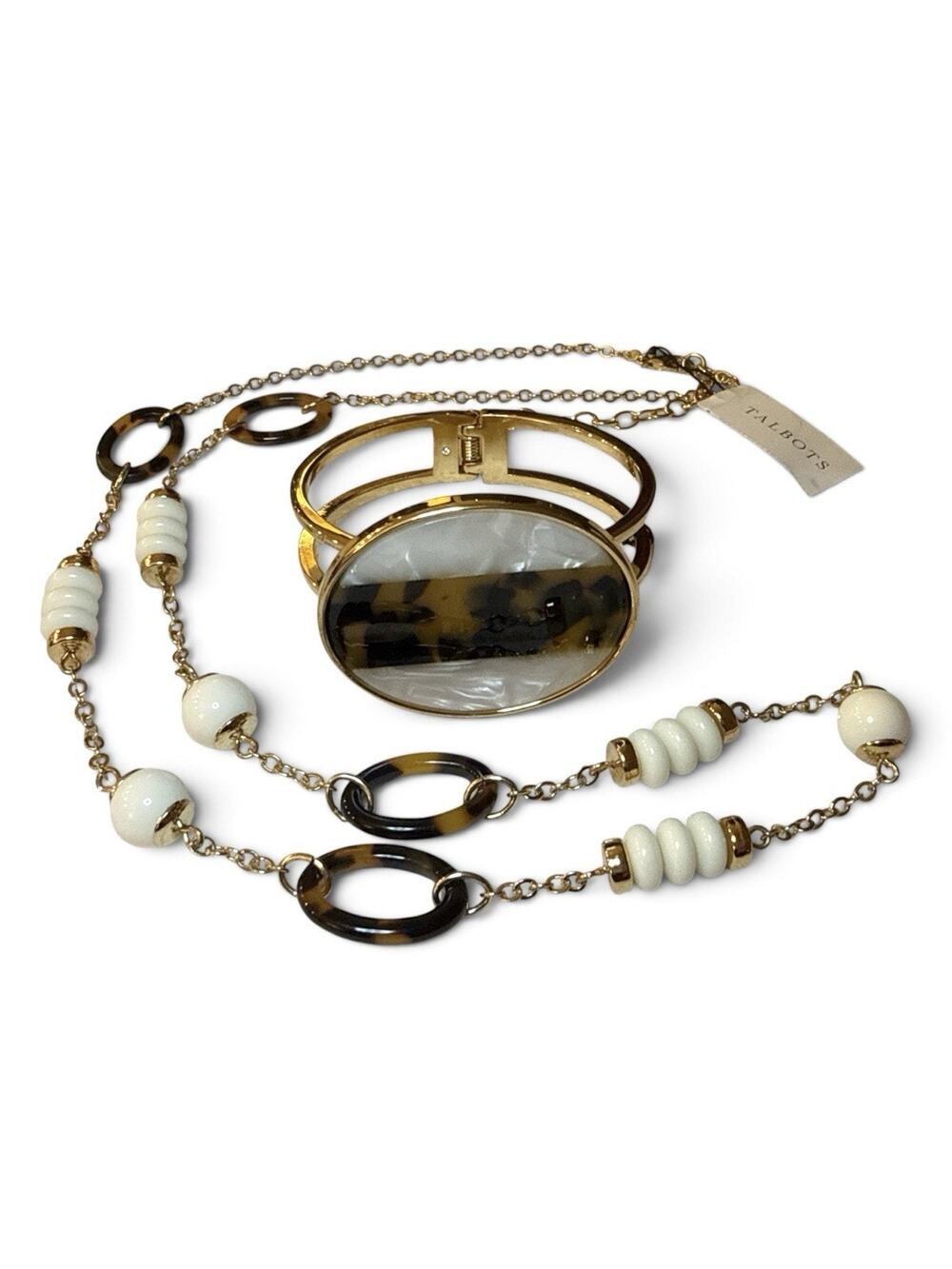 Talbots Necklace Oval Tortoise Shell Links White Gold Beads 31” & Cuff Bracelet